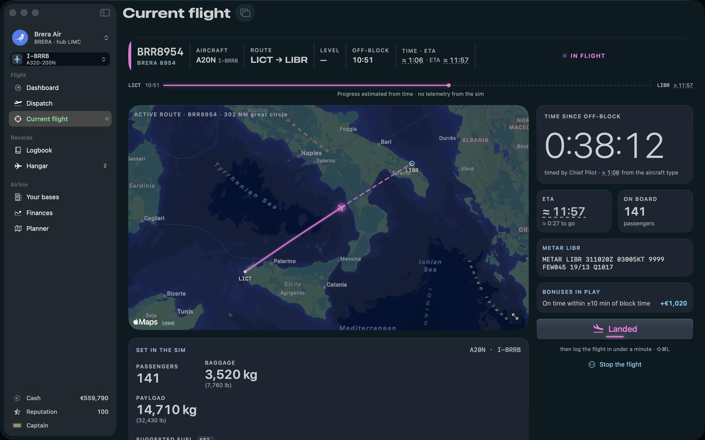 Current flight in the air: the flight strip, the route in magenta and the load sheet.