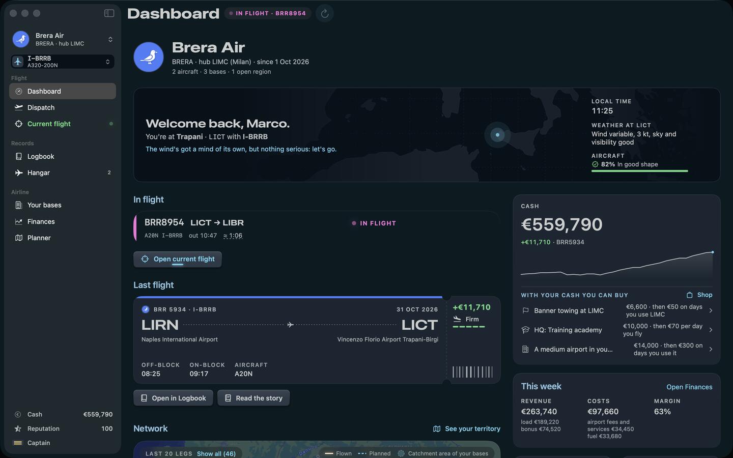 The dashboard of Brera Air, based in Milan: the pilot at Trapani, the flight to Brindisi in progress, the last flight from Naples, cash and this week’s accounts.
