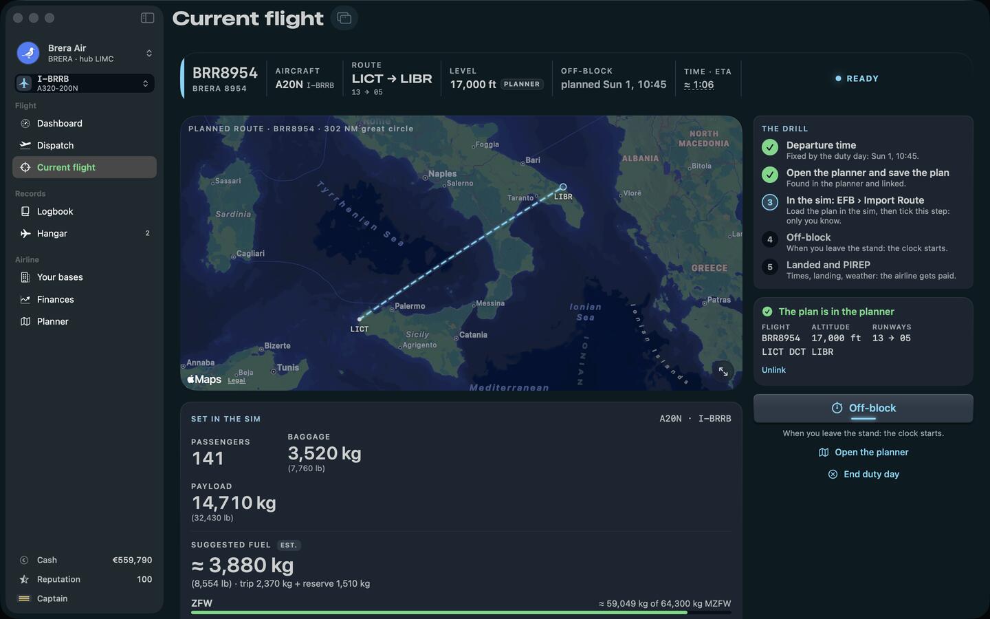 Current flight before departure: the planned route from Trapani to Brindisi, the plan found in the planner, the drill and what to set in the sim.