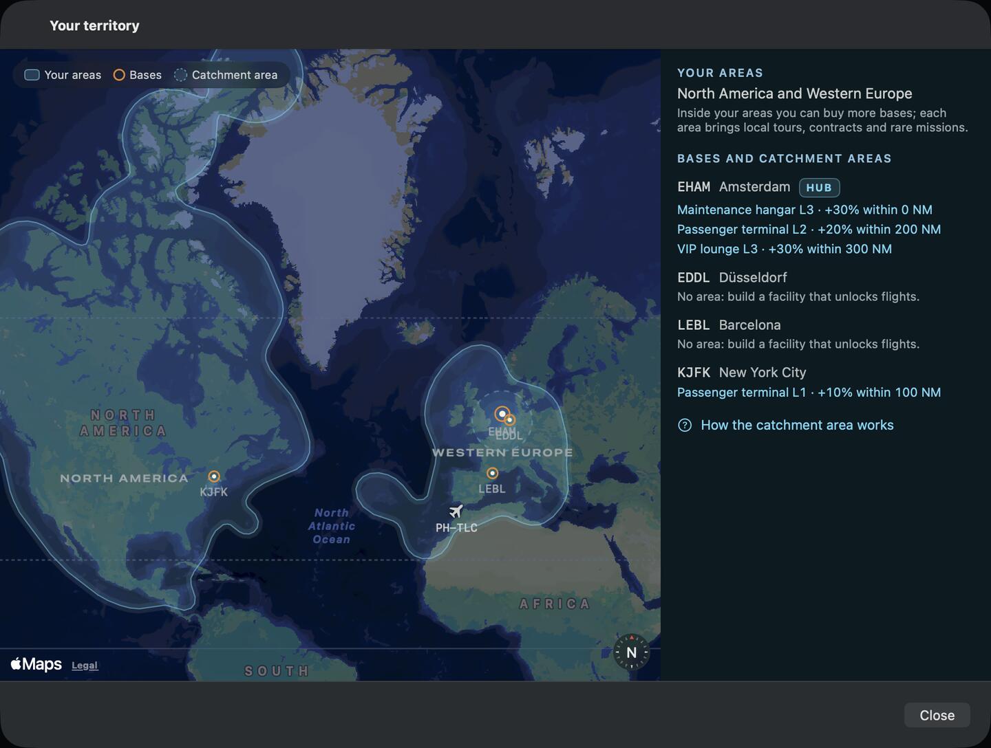 Your territory: areas in North America and Western Europe, the hub at Amsterdam, bases at Düsseldorf, Barcelona and New York, and their catchment areas.